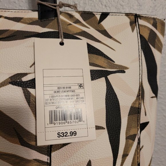 Leaf Print Zip Top Tote Handbag - A New Day Green New In Package - Picture 4 of 4